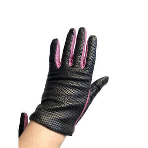 BLUMARINE Perforated Leather Wrist GLOVES Wool Lining Black Purple 6.5